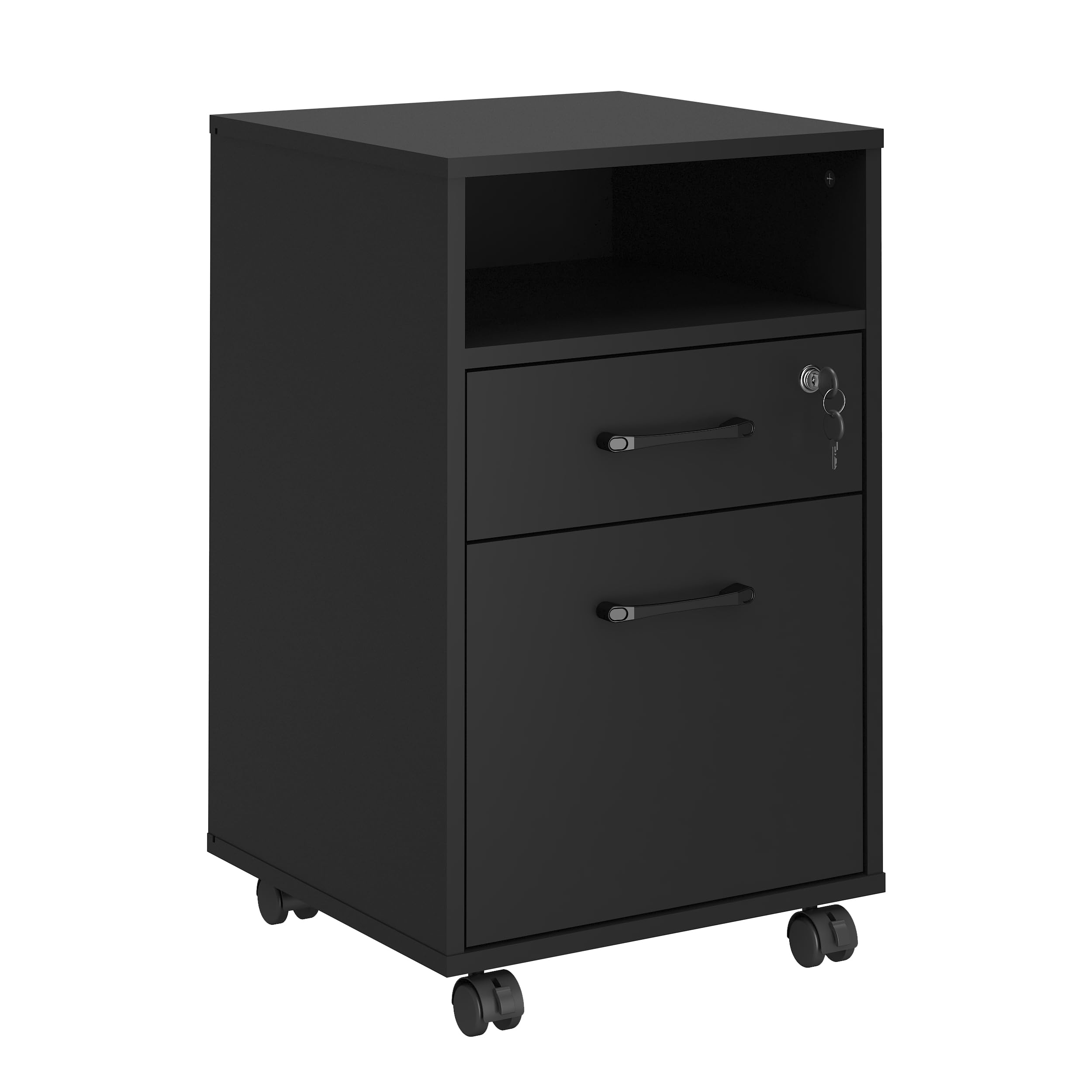 Panana Mobile File Cabinet, Filing Cabinet with 1 Lockable Drawer, Open Shelf and 1 Door, Rolling Printer Stand with 4 Wheels Cupboard Office Home Organiser (Black)