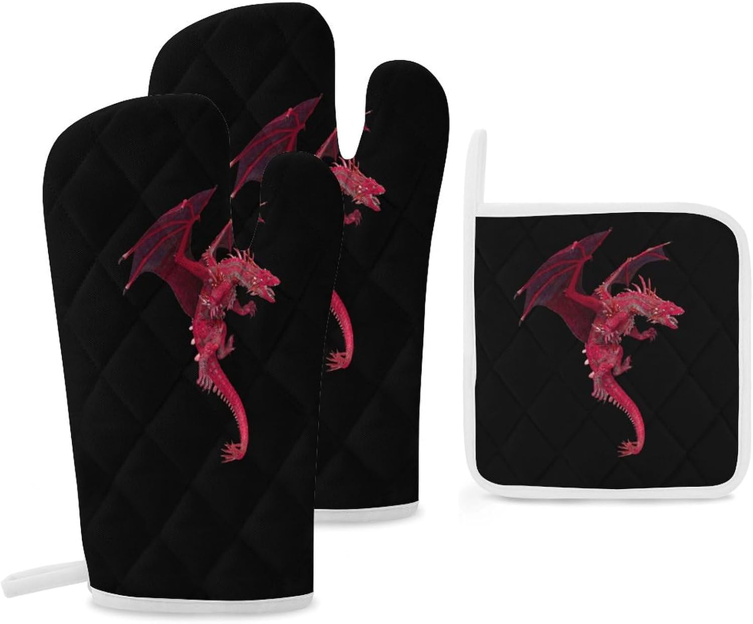 Cool Dragon Print Oven Mitts and Pot Holders 3 Piece Sets Heat Resistant Gloves Hot Pads Potholders for Kitchen Baking Cooking