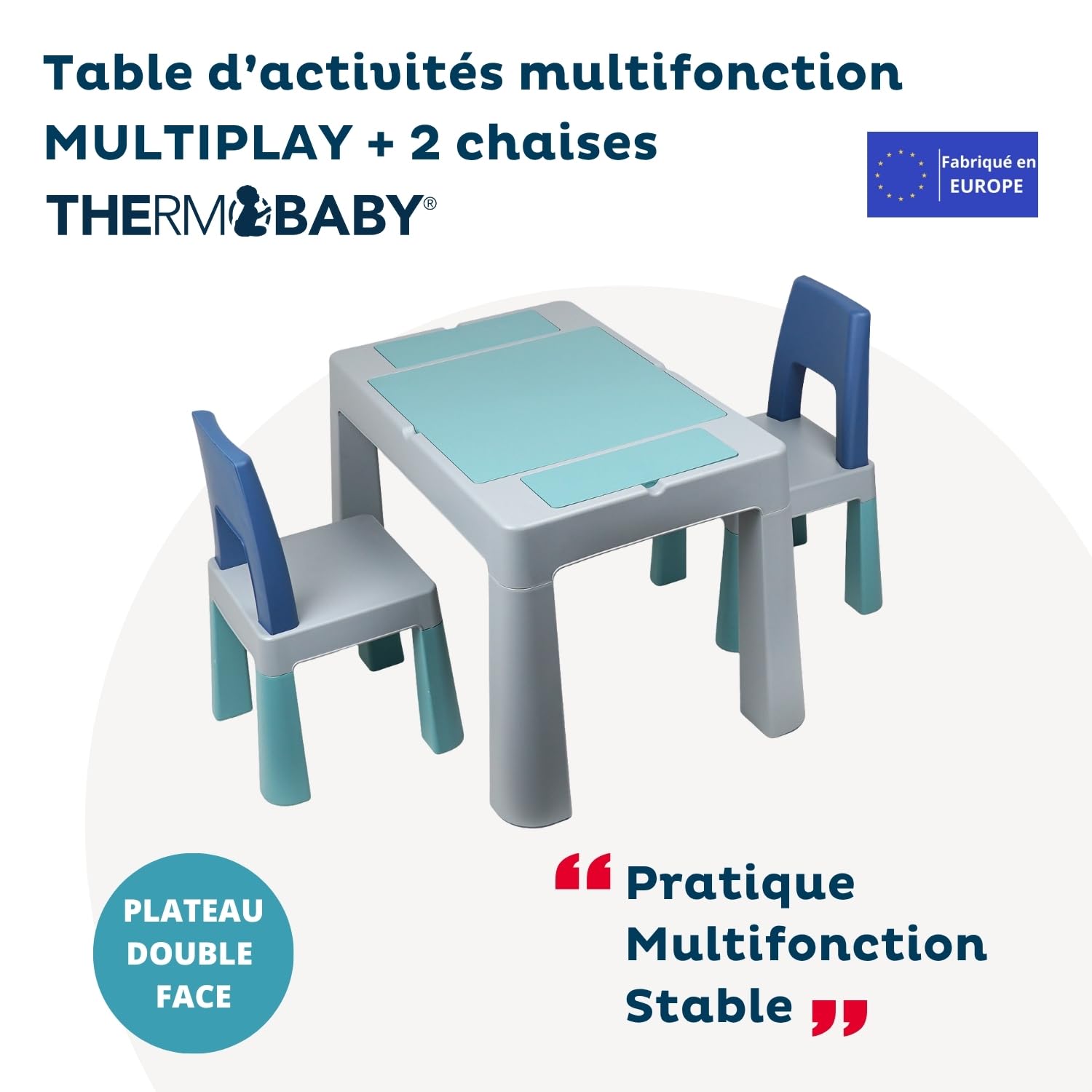 Thermobaby - Table d'activités Multifonction MULTIPLAY - 2 Chaises - Plateau Double Face - Table de Jeu pour Enfant - Bureau Enfant avec Chaises et Rangements - Multifonction intérieur/extérieur
