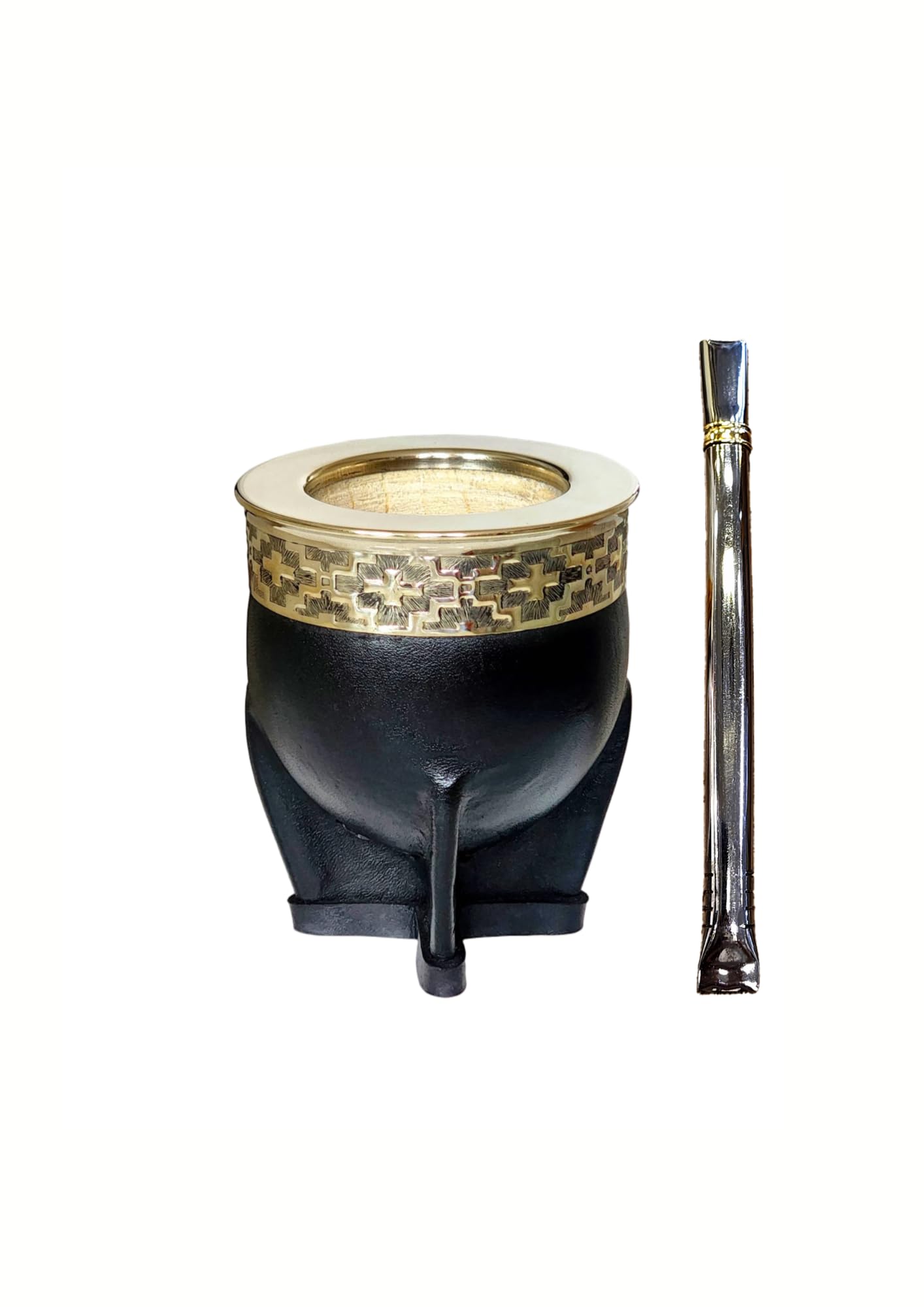 Taza Mate Imperial Calabaza Argentina - Hecho de Interior Calabaza Natural - Exterior Cuero Negro con Plata Alemana (Alpaca)- Incluye Bombilla de Acero Inoxidable