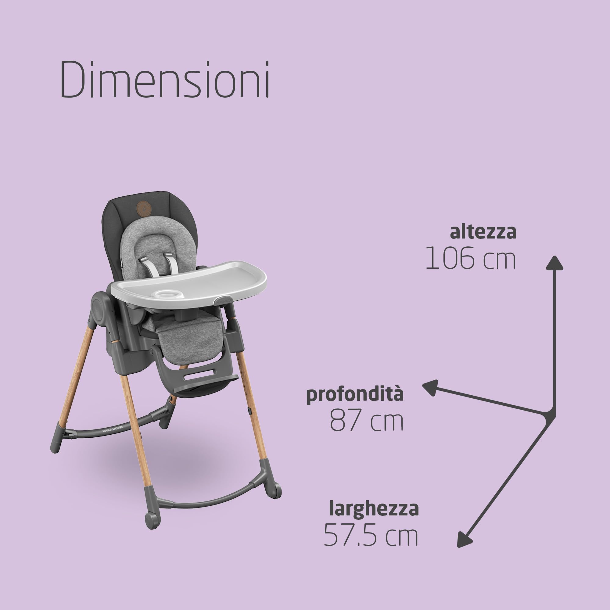 Maxi-Cosi Minla Seggiolone Pappa Evolutivo, 0 - 14 Anni, portata 60 kg, Seggiolone pappa Bimbi, 6 Funzioni, Reclinabile 5 Posizioni, 9 Posizioni Altezza, Poggiapiedi Regolabile, Essential Graphite