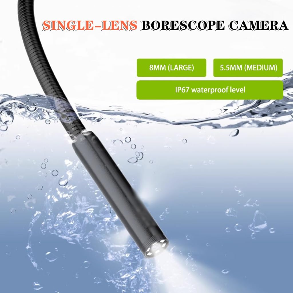 Endoscopio Industriale Telecamera Borescopica A Lente Singola con 6 Luci, Telecamera Snake con Schermo IPS HD da 5 Pollici, Telecamera di Ispezione Impermeabile IP67(Single Lens(5.5mm),10M)