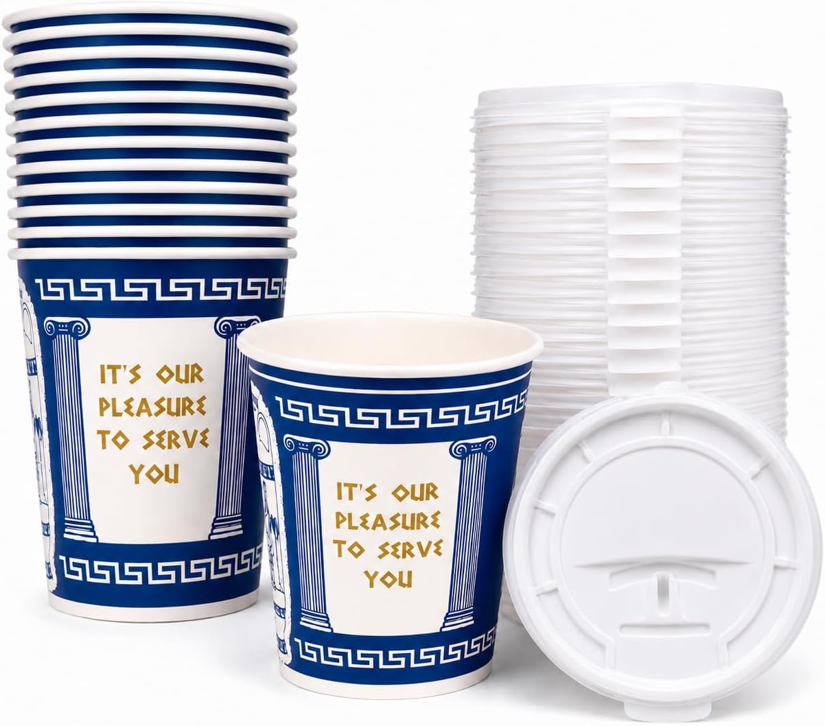 10 oz Disposable Coffee Cups with Tear-Back Sip Lids– 50 Cups + 50 Lids (100 Piece Set) – New York Diner Style Greek Design Paper Coffee Cups, To Go Hot Cups – Secure Lid Fit, Leak Resistant