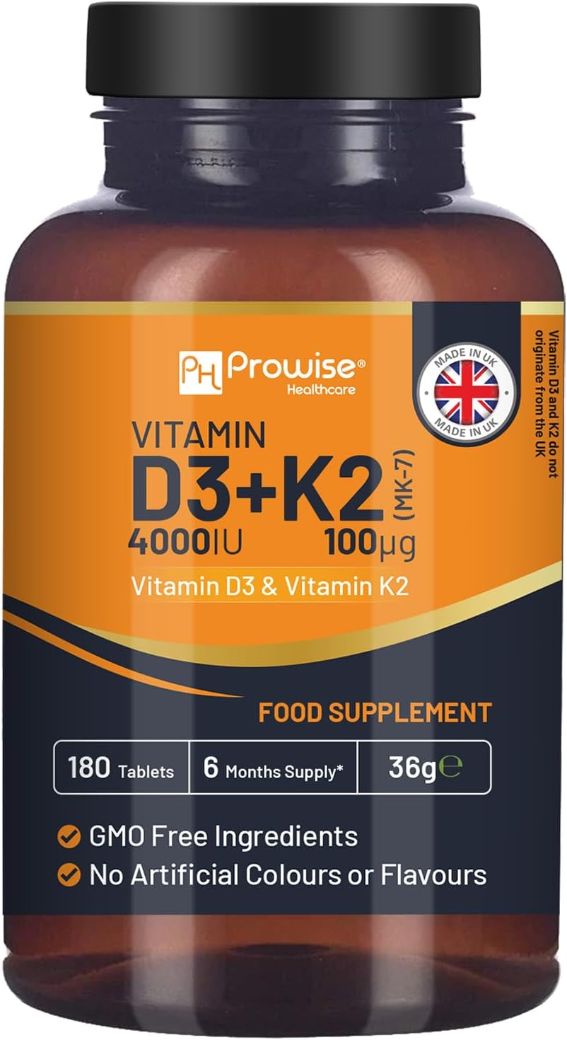 Vitamin D3 4000IU & K2 MK7 100ยตg Vegetarian Tablets I 180 (6 Months Supply) I Easy to Swallow Supplement for Immune Support, Calcium Boost, Bone & Muscle I Made in The UK by Prowise Healthcare