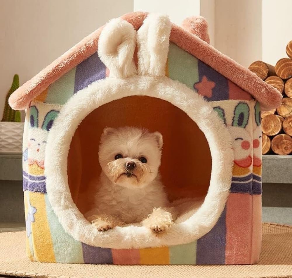 Warm Pet Dog Cat House Bed Kennel Soft Pet Indoor Tent Sleeping Nest Cushion Mat Foldable House Washable (Large,Pink-Rabbit)