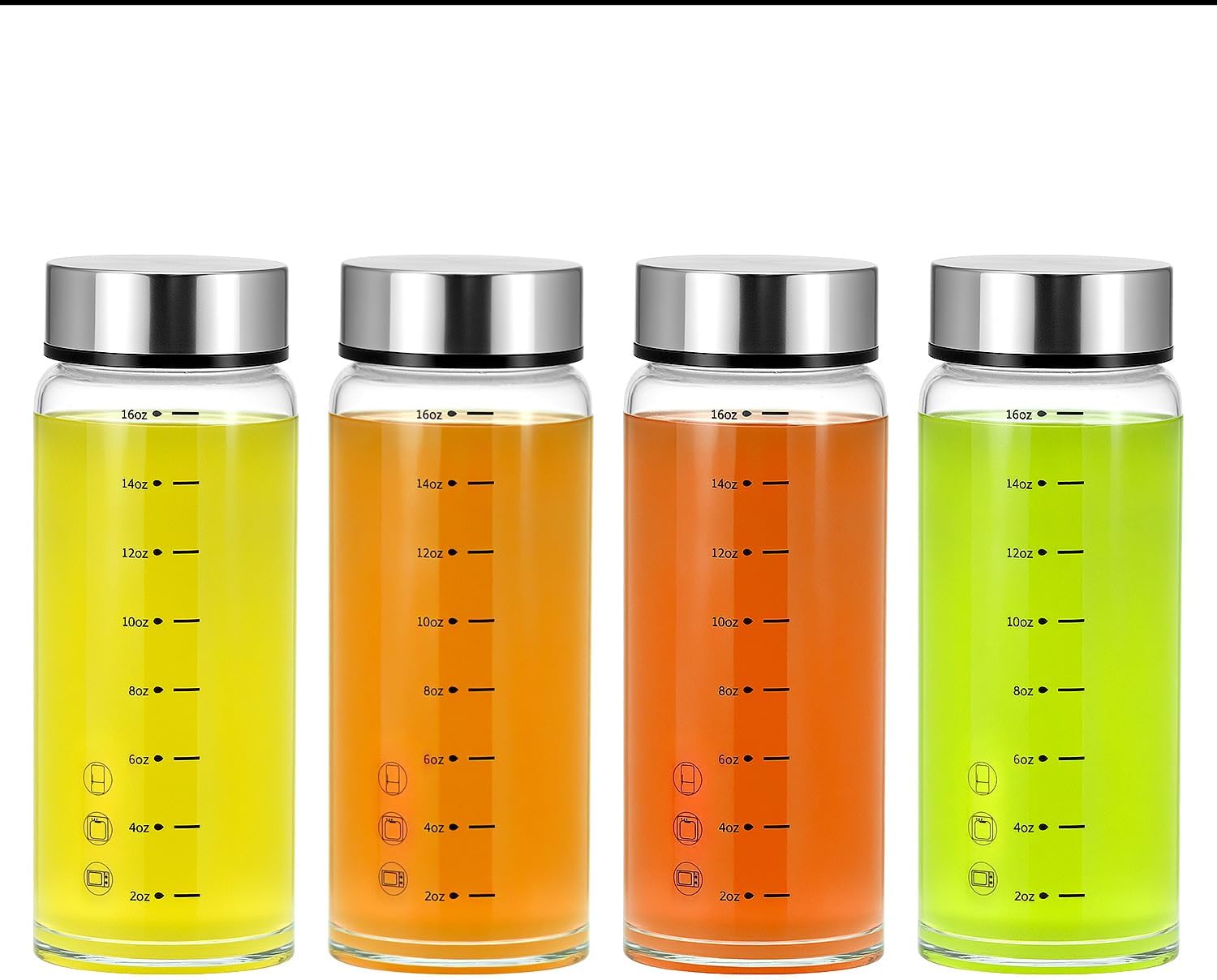 QWORK 16oz Glass Juice Bottles with Stainless Steel Lids, 4 Pack Wide Mouth Reusable Water Bottles, Borosilicate Glass Bottle