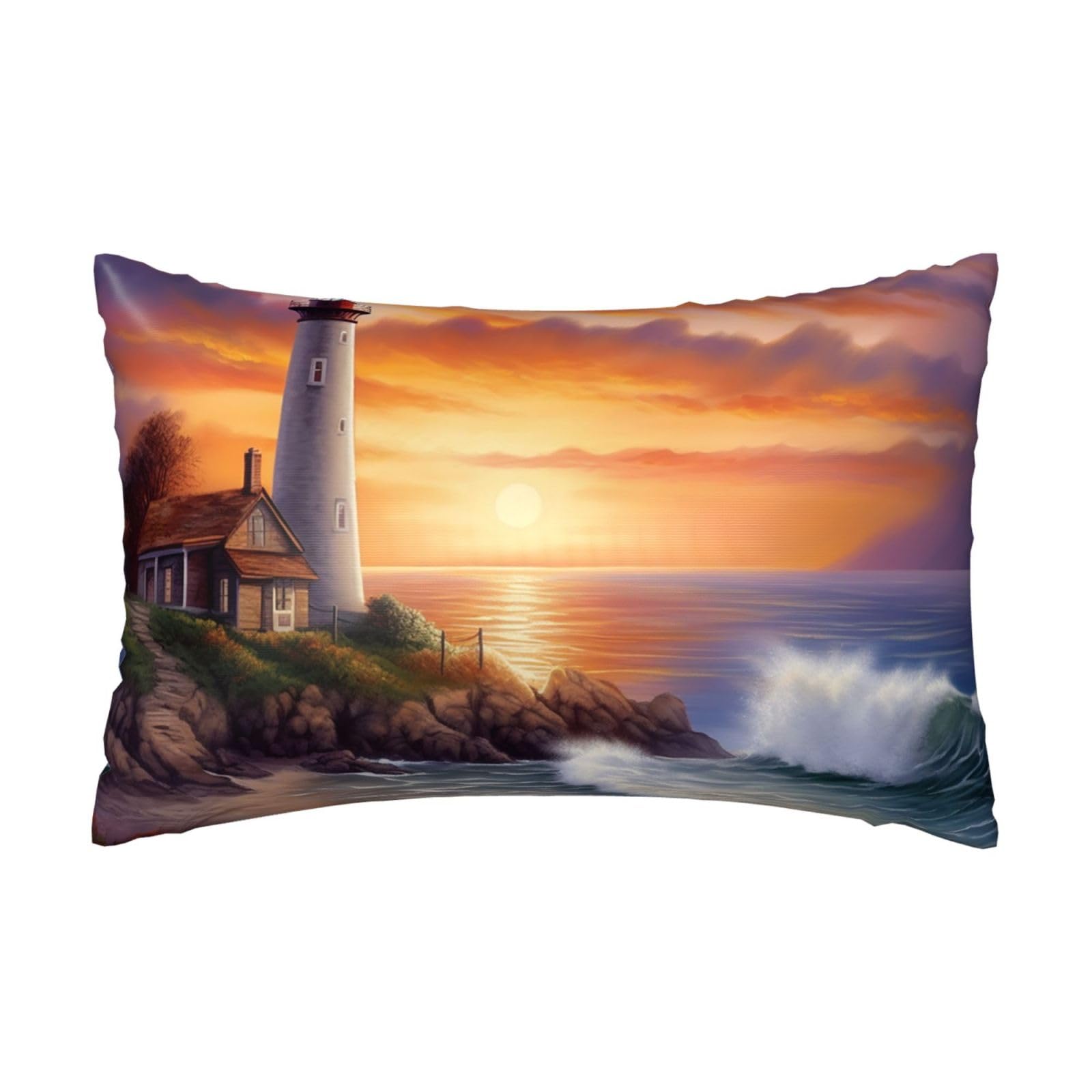 Satin Pillowcase for Hair and Skin, Lighthouse at Sunset Pillow Case Queen Size 20x30 Inches, Cooling Silky Pillowcases with Zipper Ultra Smooth and Soft Pillow Cover for Sleeping
