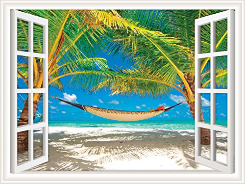 Walls 360 Peel & Stick Wall Decal Window Views Hammock Between Palm Trees on Beach (12 in x 9 in)