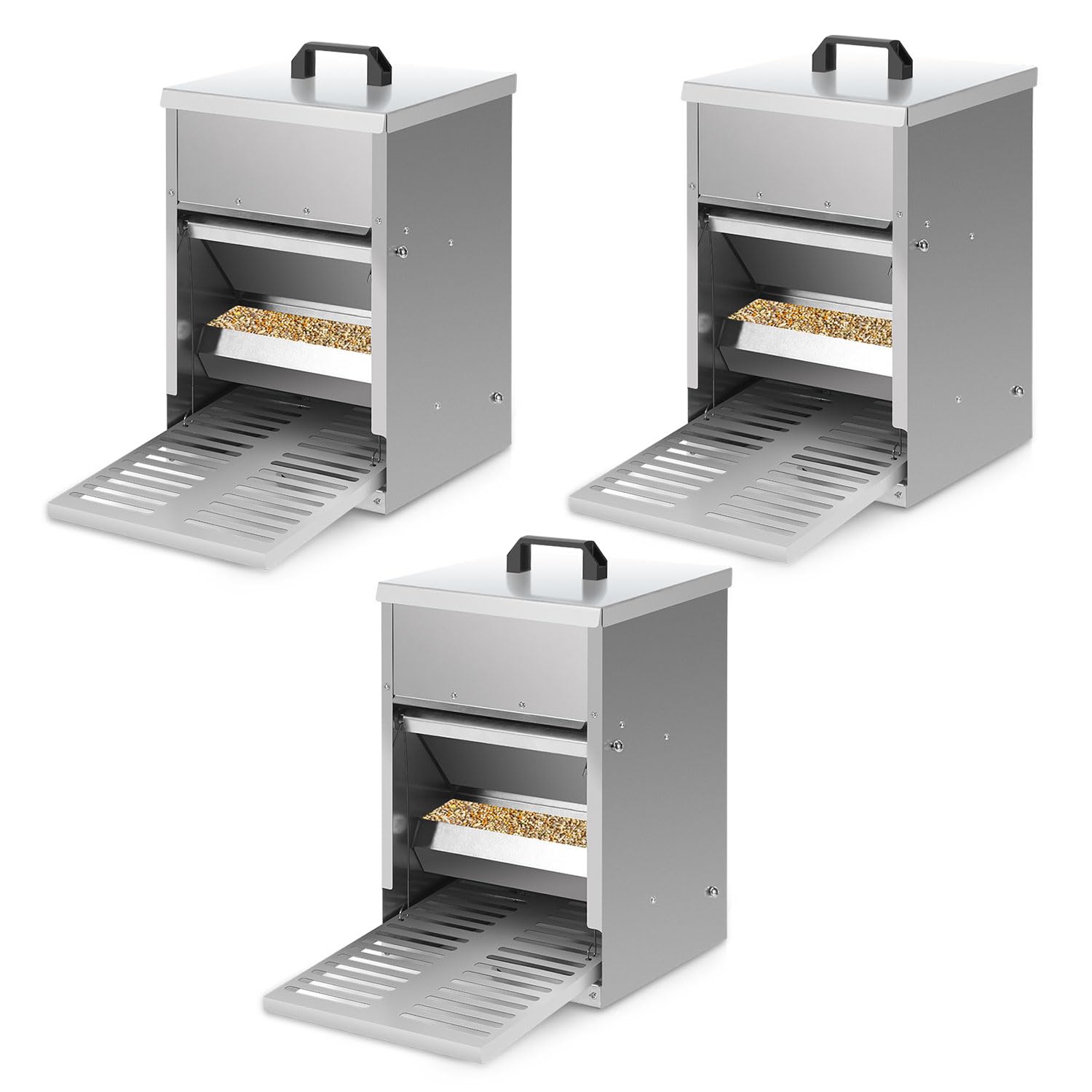 3 comederos automáticos para pollos con placa de estribo, tapa, 5 kg galvanizado, comedero para pollos, resistente al agua, comedero para gallinas, accesorio ideal para gallinas
