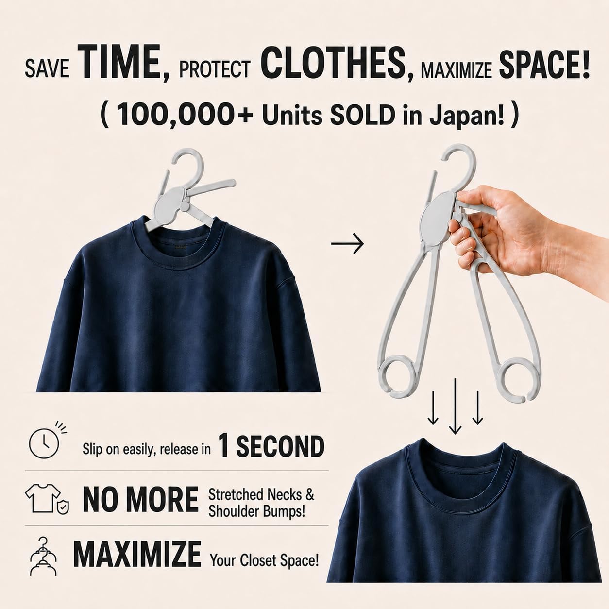 One-Touch Quick Release Clothes Hangers - Neckline Protection & No Shoulder Bumps, Non-Slip, Space Saving Cascading Closet Organizer, Adults & Kids (30 Pack, White)