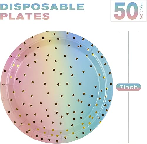 Miniatura 2 de EVYIENEN 50 platos de papel coloridos y dorados, 7 pulgadas, de papel de aluminio metálico con lunares, desechables, platos de fiesta de postre para