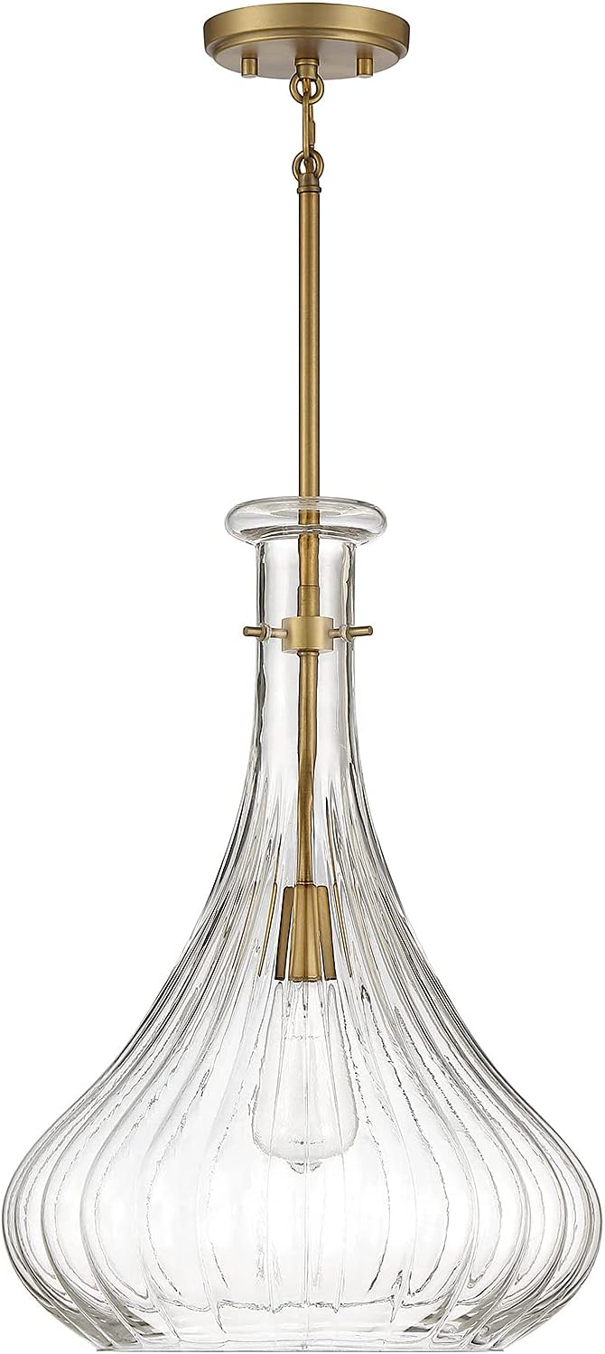 Savoy House 7-2265-1-322 Bristo Industrial Clear Fluted Glass Pendant, 1-Light 60 Watt, 20" H x 14" W, Warm Brass