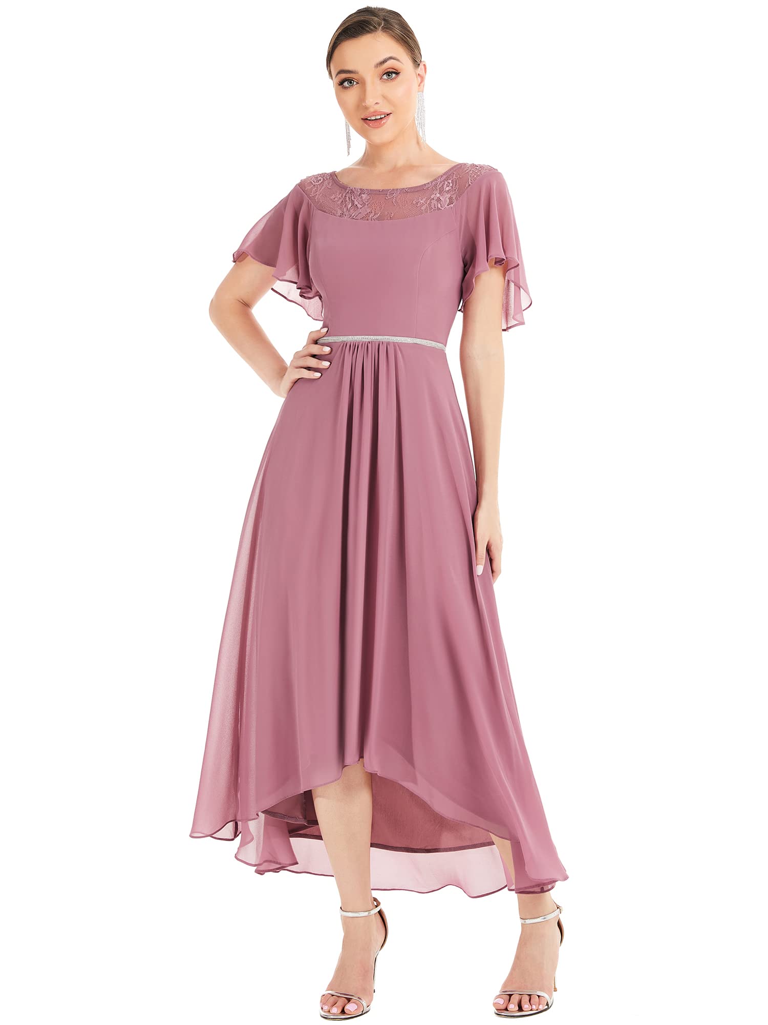 Women's Elegant Round Neck Short Sleeve Chiffon Lace Bridesmaid Evening Dresses 00465