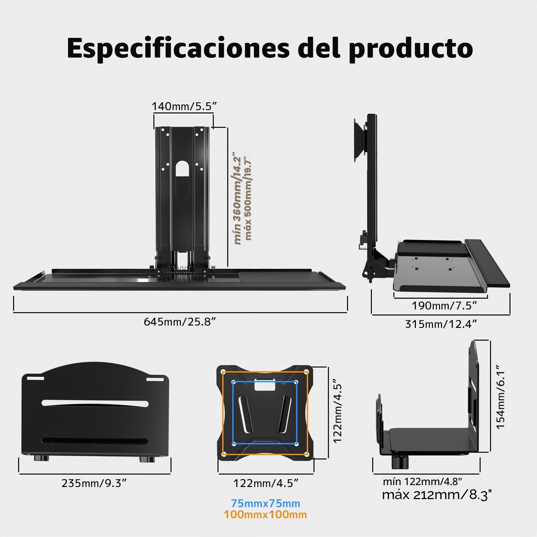 Soporte de pared para monitor y teclado con soporte de CPU para monitores de 32 pulgadas (55 libras máximo), bandeja de teclado (carga de 4.4 libras) y soporte de CPU (capacidad de 22 libras), altura