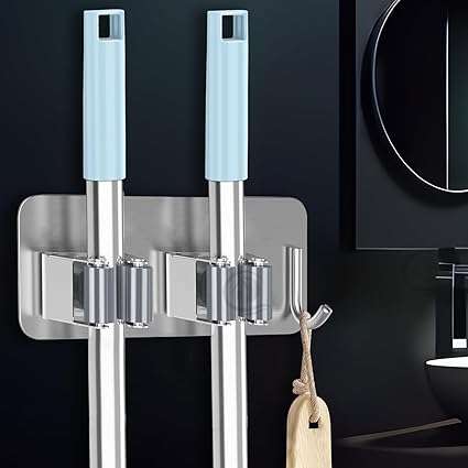 Self Adhesive Wall Mount Stainless Steel Broom Mop Holder Heavy Duty Tools Hanger with 2 Racks 1 Hook for Kitchen, Bathroom, Closet, Garage, Office and Garden-1Pc