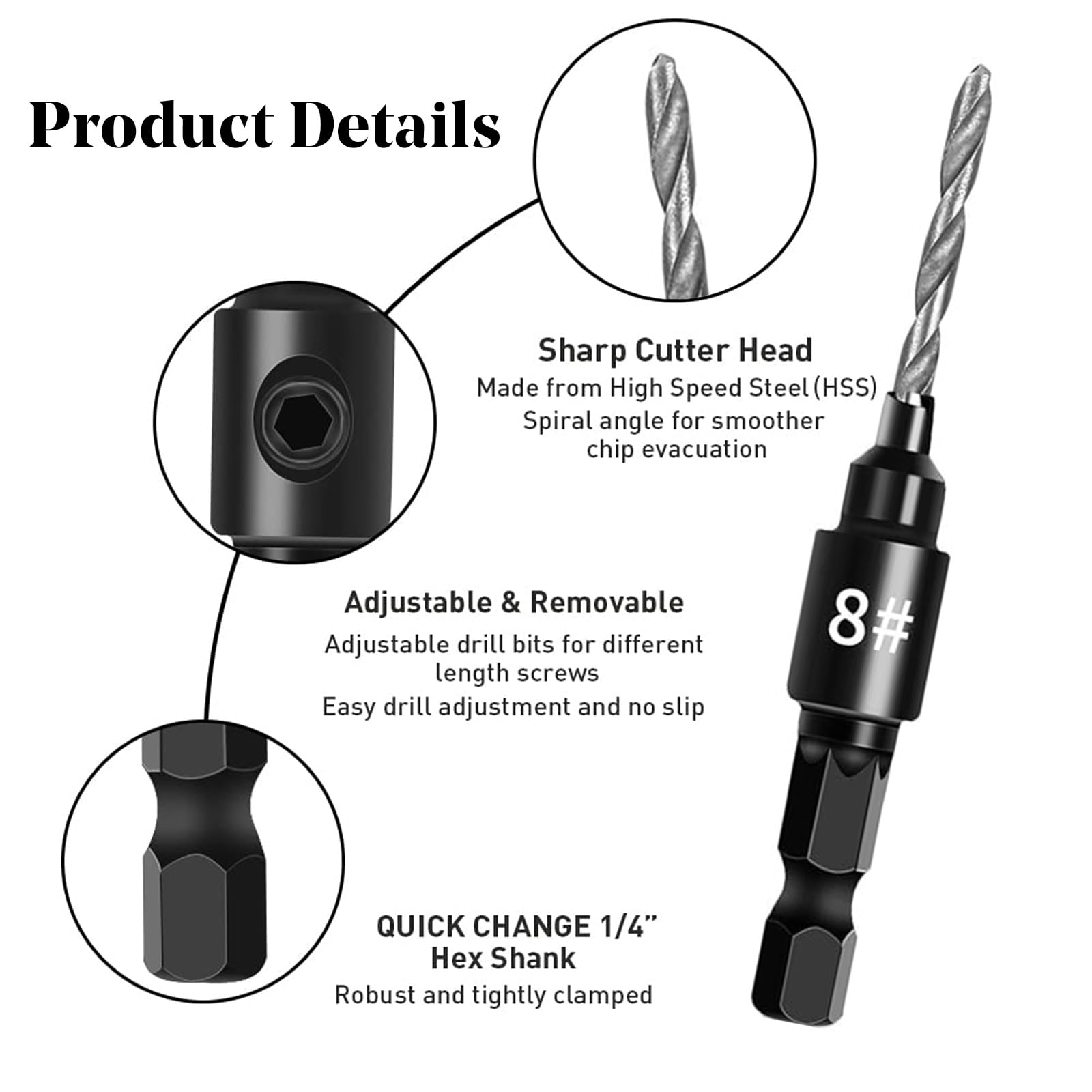 5Pcs Countersink Drill Bit Set - 1/4inch Hex Shank Quick Change Bits for #5#6#8#10#12 Screws with L-Wrench - Image 3