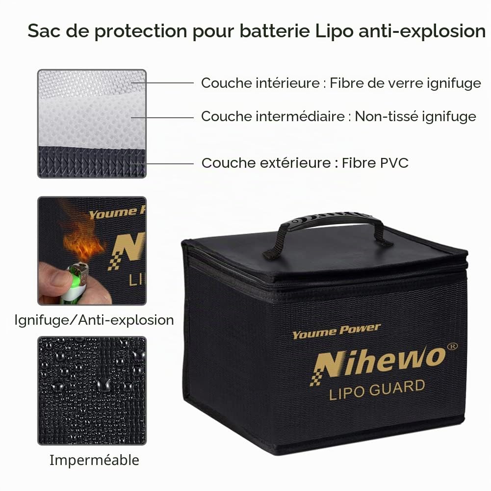Sac de sécurité Lipo Organisateur de sac antidéflagrant ignifuge Coffre-fort Lipo Guard de grande capacité pour le stockage et le transport et la charge de la batterie Lipo avec poignée et poche filet