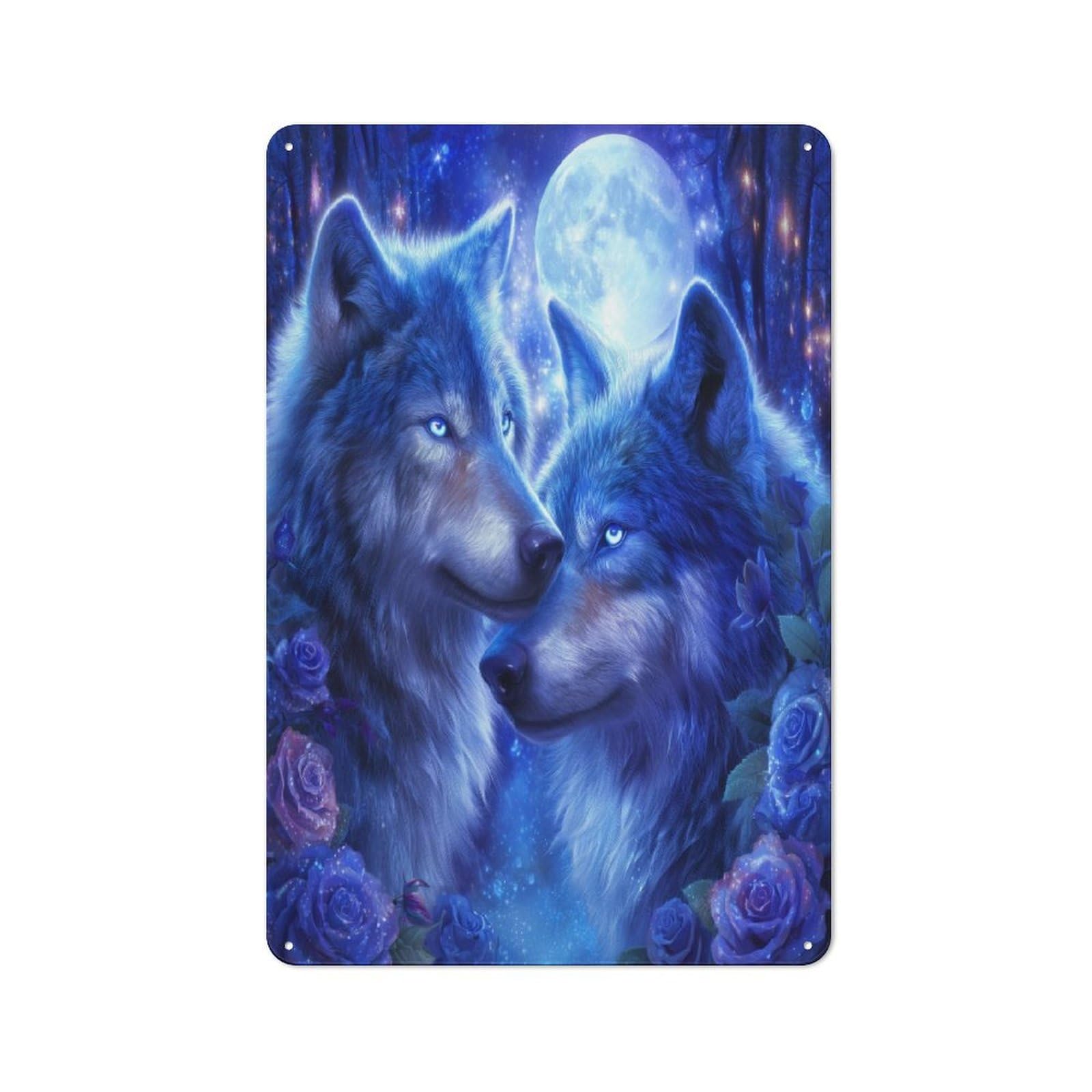 Junmoney Blue Moon Wolves Mystic Night Artwork Retro Metal Plaque 30X20cm For Garage Or Workshop, Housewarming Wall Decor For People Furnishing Garage And Workshop