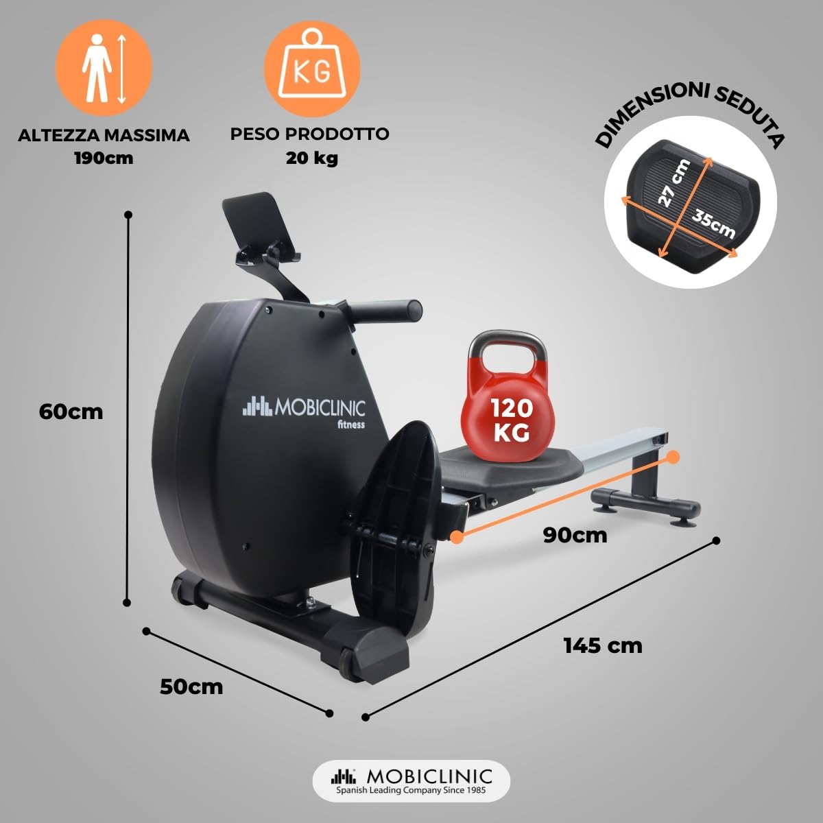 Mobiclinic® fitness, Vogatore, Rowfit, 8 livelli di resistenza, Silenzioso, Magnetica, Monitor lcd, Supporto per cellulare, Fino a 120 kg, Volano da 6, Palestra domestica