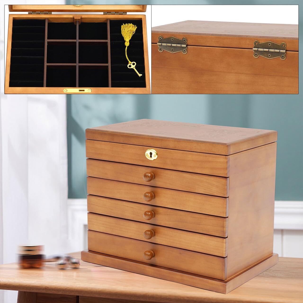 Portagioie in legno con specchio, grande capacità, fodera interna in velluto a 6 strati, 5 cassetti, Safe Lock per occasioni speciali