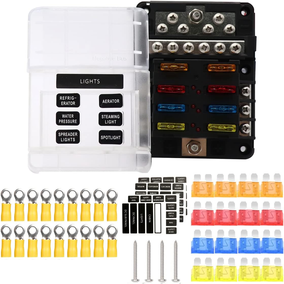Fuse Block with Negative Busbar Boat Camper Car Solar 6way fuses Block + 12 Way Distribution Block Truck RV Automotive Fuse Box 12 Volt - 32 Volt DC Fuses Panel