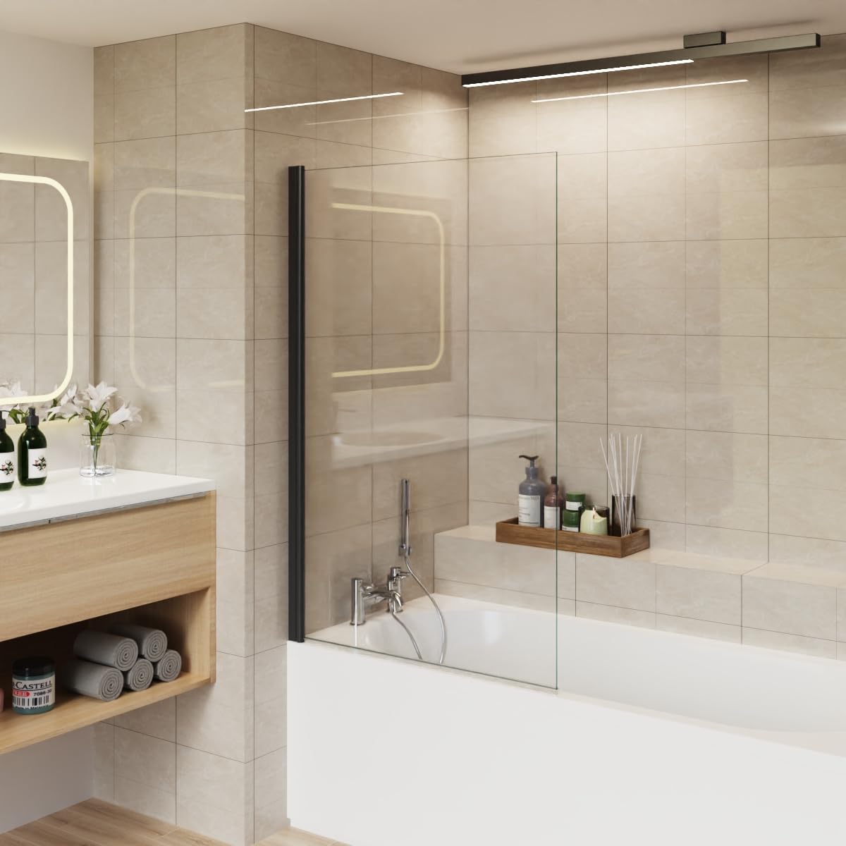 Aquariss Black 800X1400mm Square Pivot Bath Shower Screen 6Mm Easy Clean Tempered Safety Glass Reversible Door Panel Aluminium