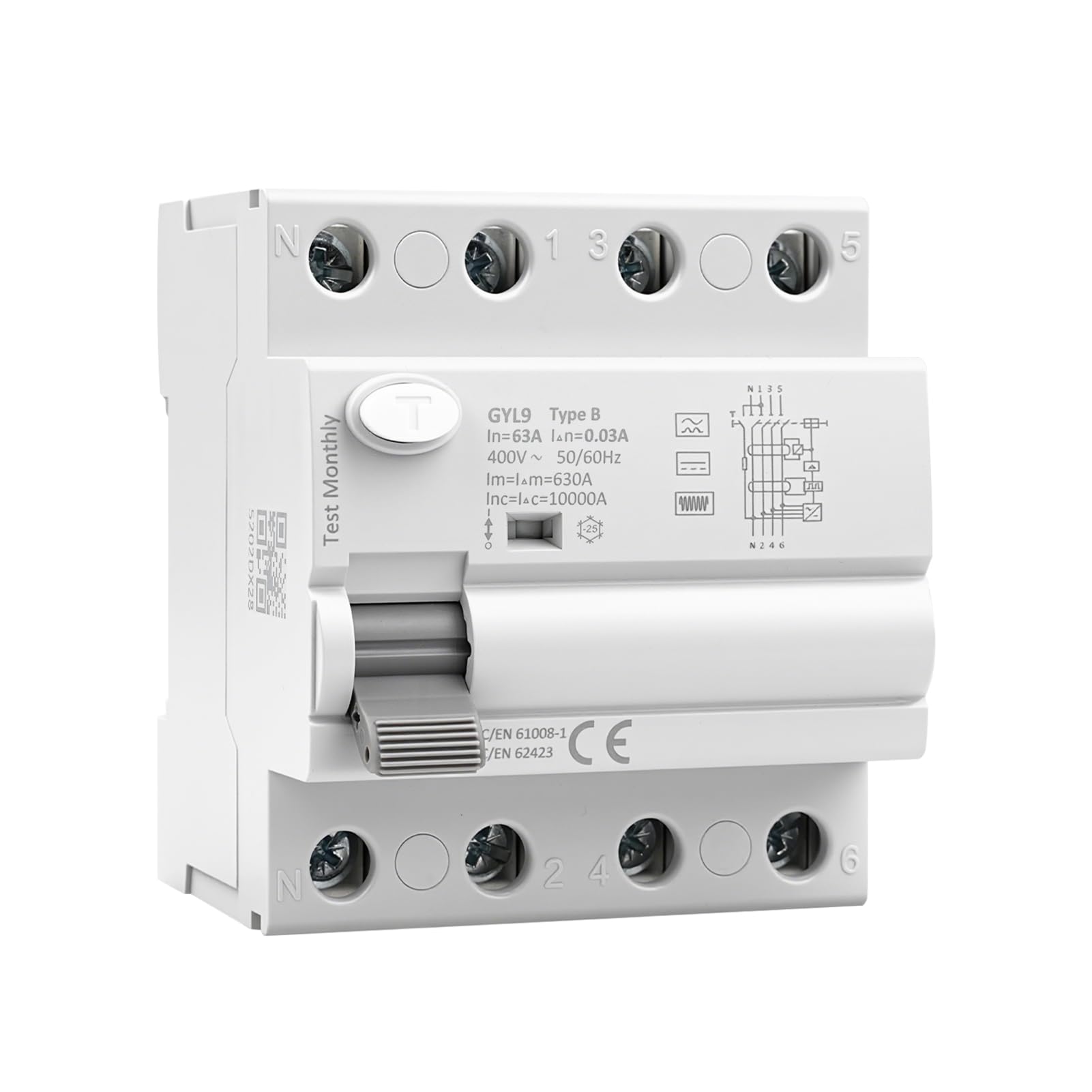 Disyuntor diferencial 63A 30mA tipo B interruptor diferencial auto rearmable 63A 0.03A 10kA RCCB disyuntores de corriente residual AC400V Adecuado para estaciones de carga y equipos industriales GYL9