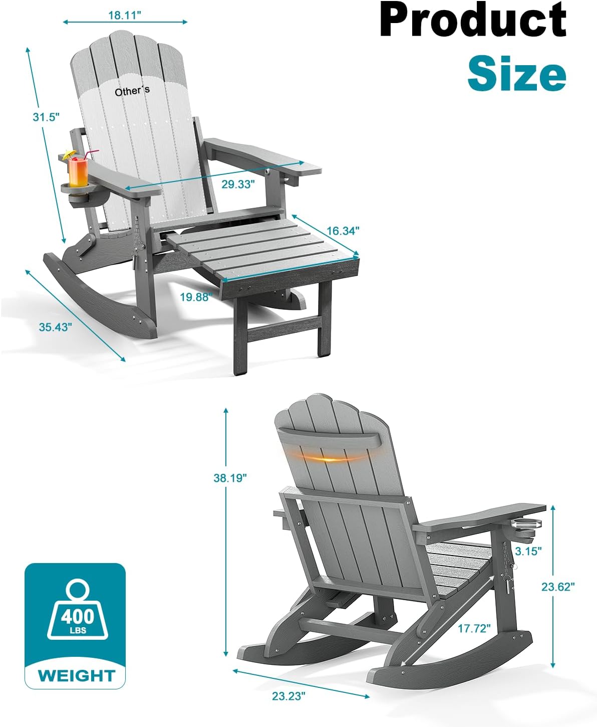 Adirondack Rocking Chairs with Retractable Ottoman & Cup Holders, 6-in-1 Folding HDPE Outdoor Rockers for Patio, Porch, Lawn, Grey(Set of 2)