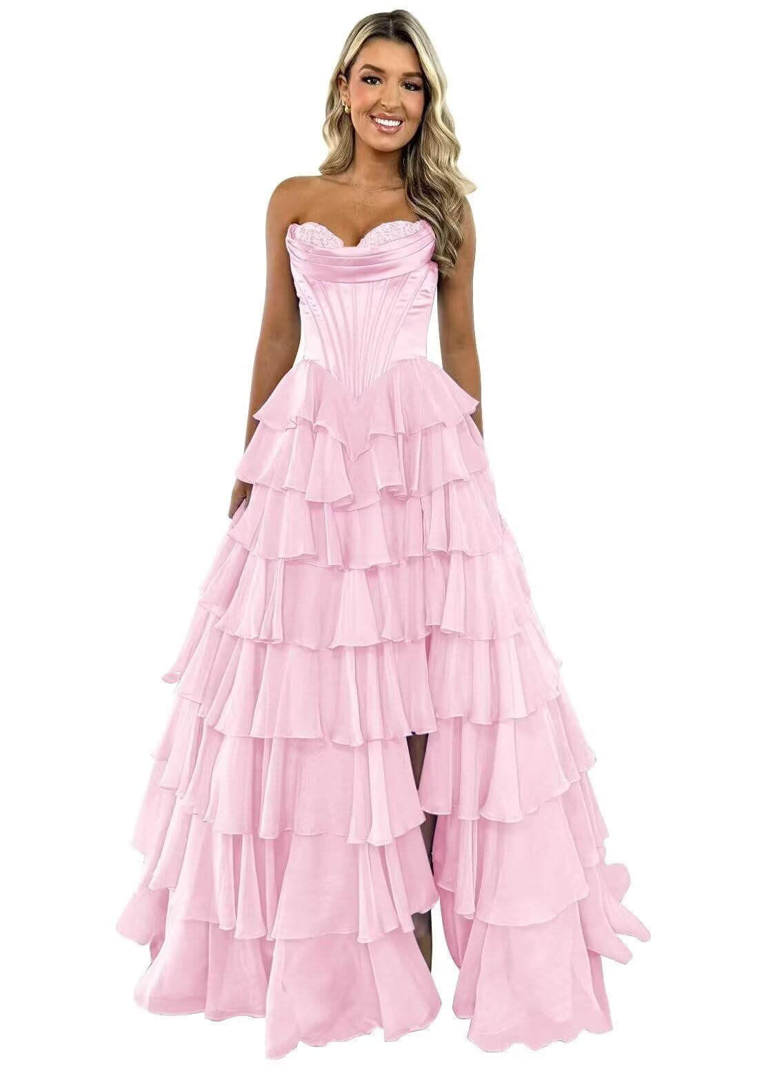 GATMAHE Tulle Floral Prom Dresses for Teens 2025 Tiererd Long Ball Gown Strapless Sweetheart Formal Evening Gowns with Slit
