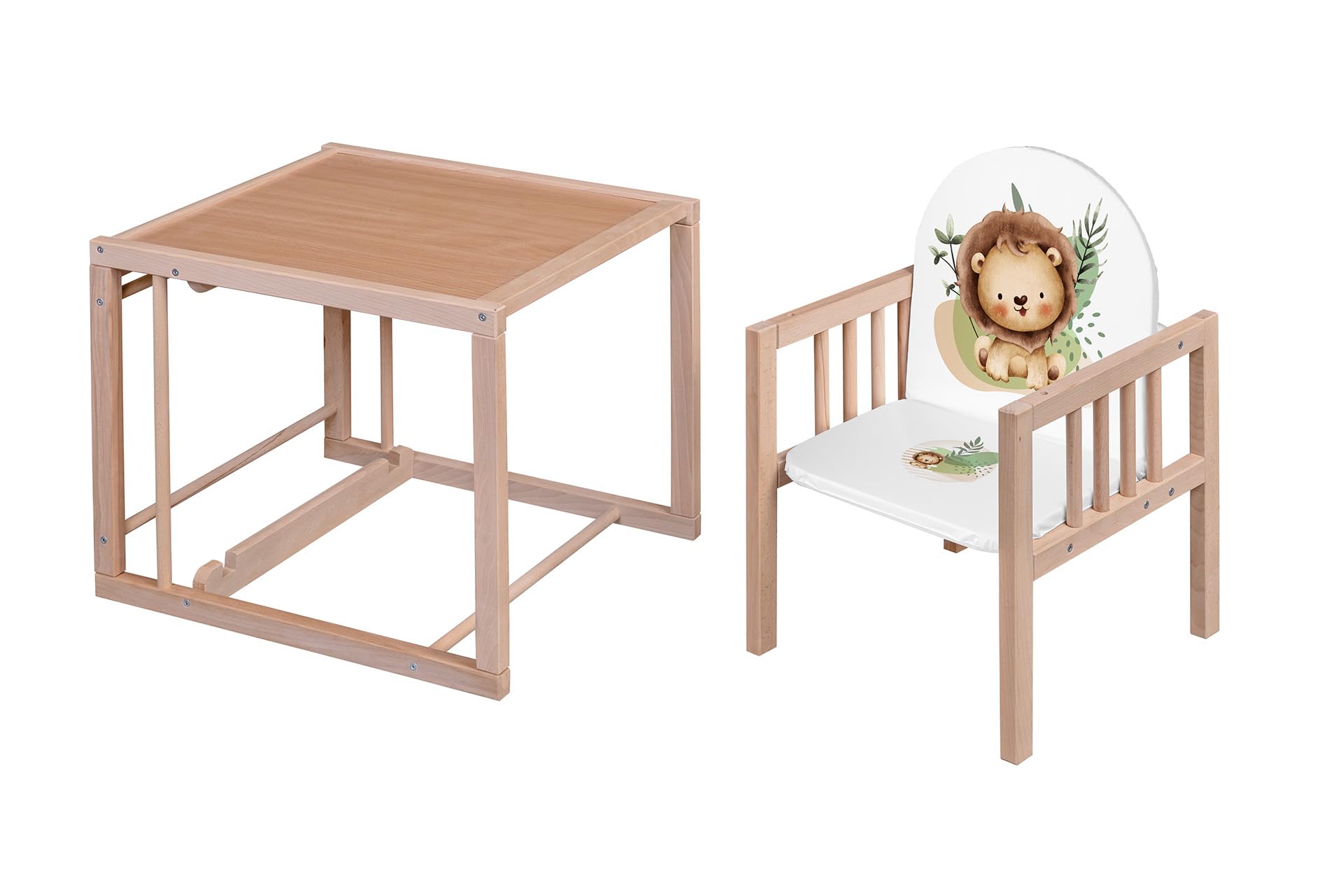 Chaise haute 2en1 BASIC – Chaise enfant avec fonction table | compacte & peu encombrante | bois de hêtre | 3 designs (Naturel Lion)