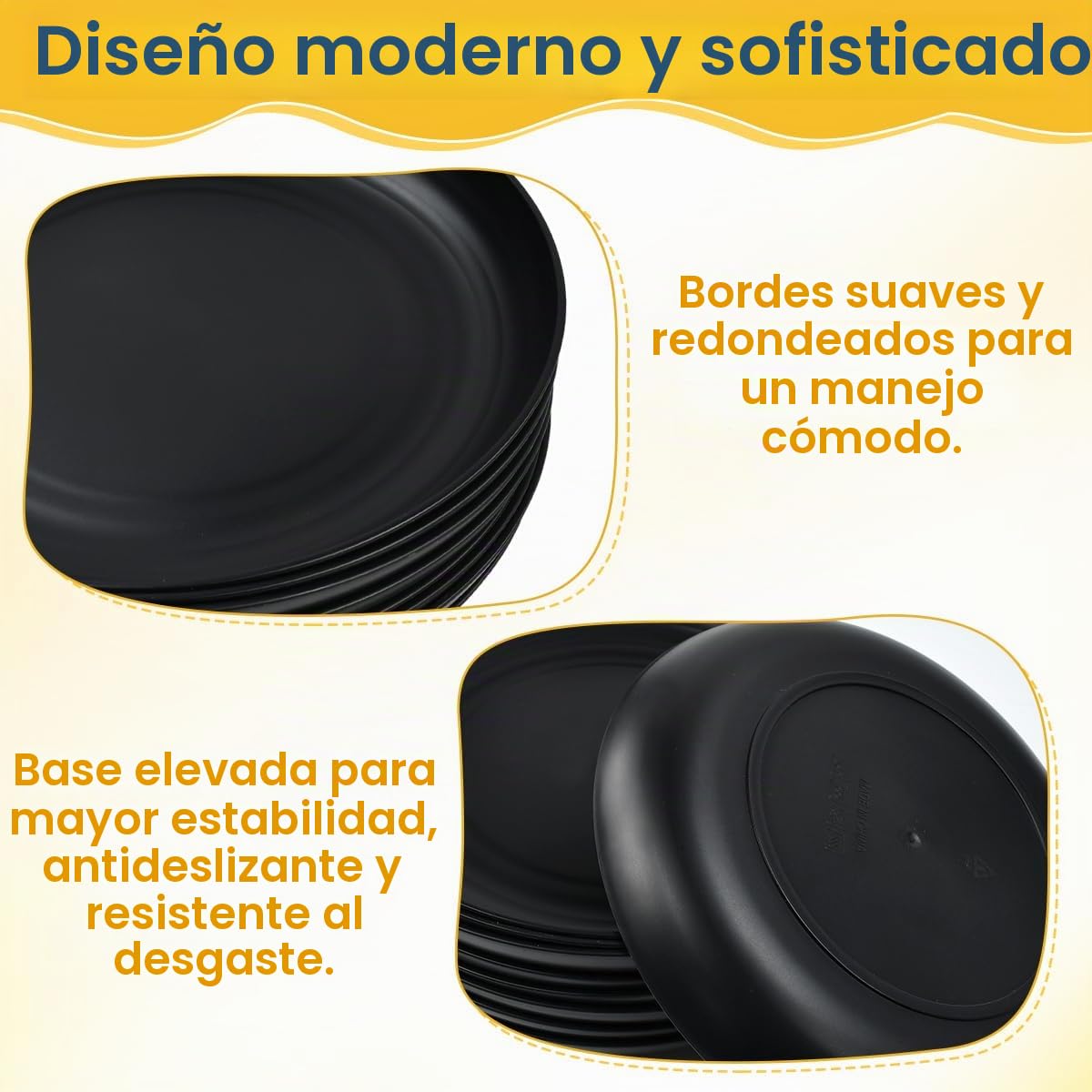 12PCS Platos de Plástico Duro, Platos Llanos de Diámetro 22,5 cm, Platos Planos de Plastico Reutilizables, Aptos para Microondas y Lavavajillas, para Fideos, Aperitivos, Cereales de Postre