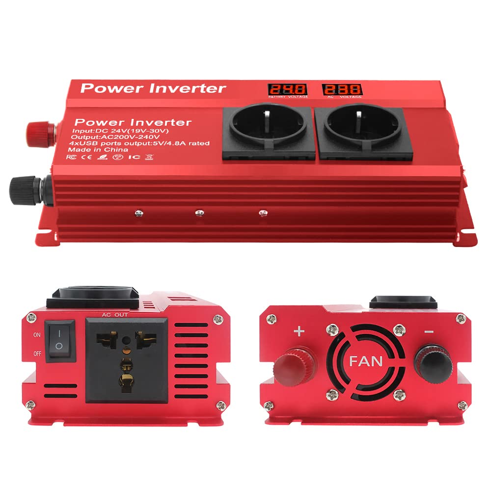 LVYUAN Wechselrichter 24V 230V 2000W Spannungswandler mit 3 Steckdose und 4 USB LED Spannungsanzeige