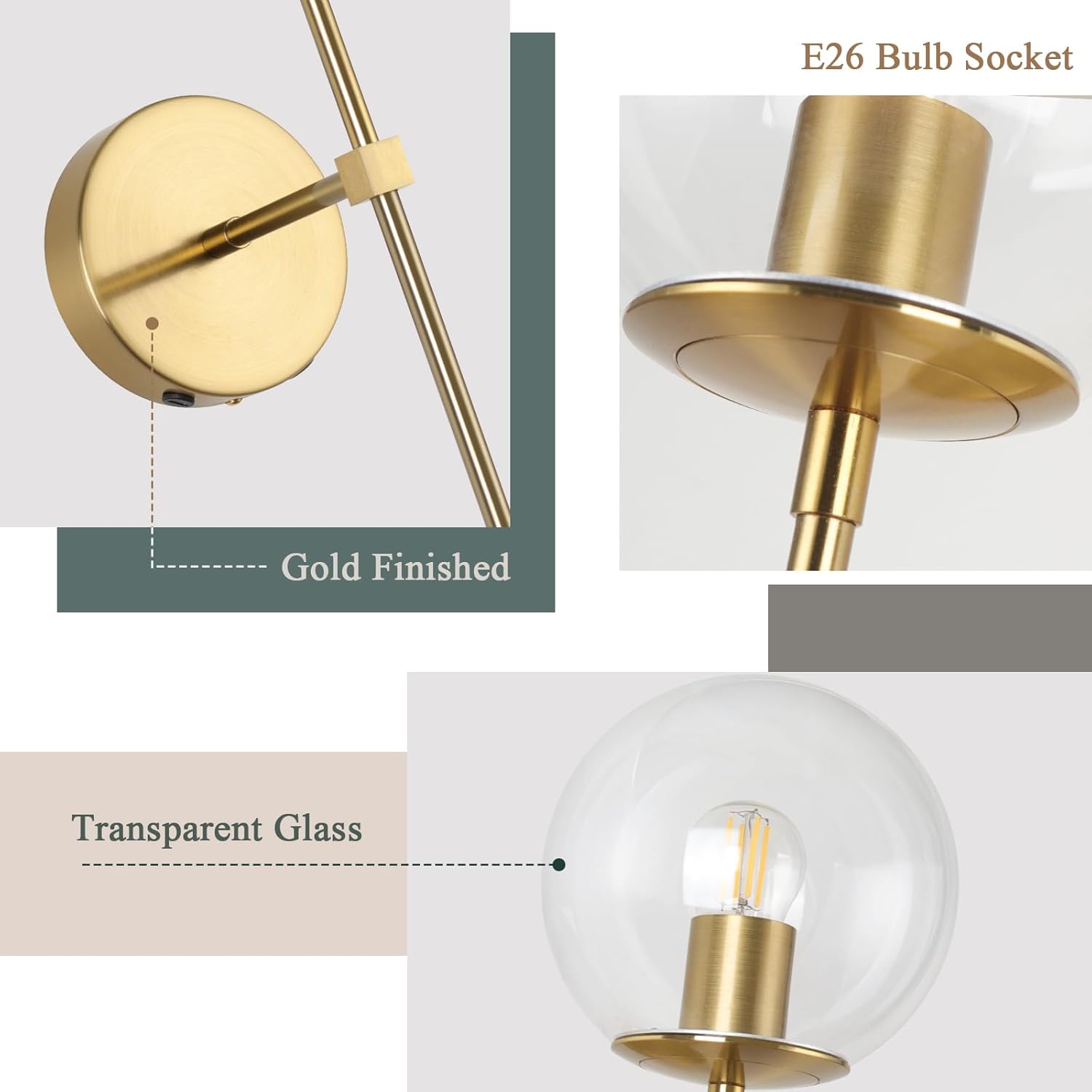 Battery Operated Wall Sconce Set of 2 Glass Globe 3000K Rechargeable Wall Light Fixture Wireless Wall Lights with Clear Glass Shade for Living Room, Hallway, Bedroom(2 Pack)