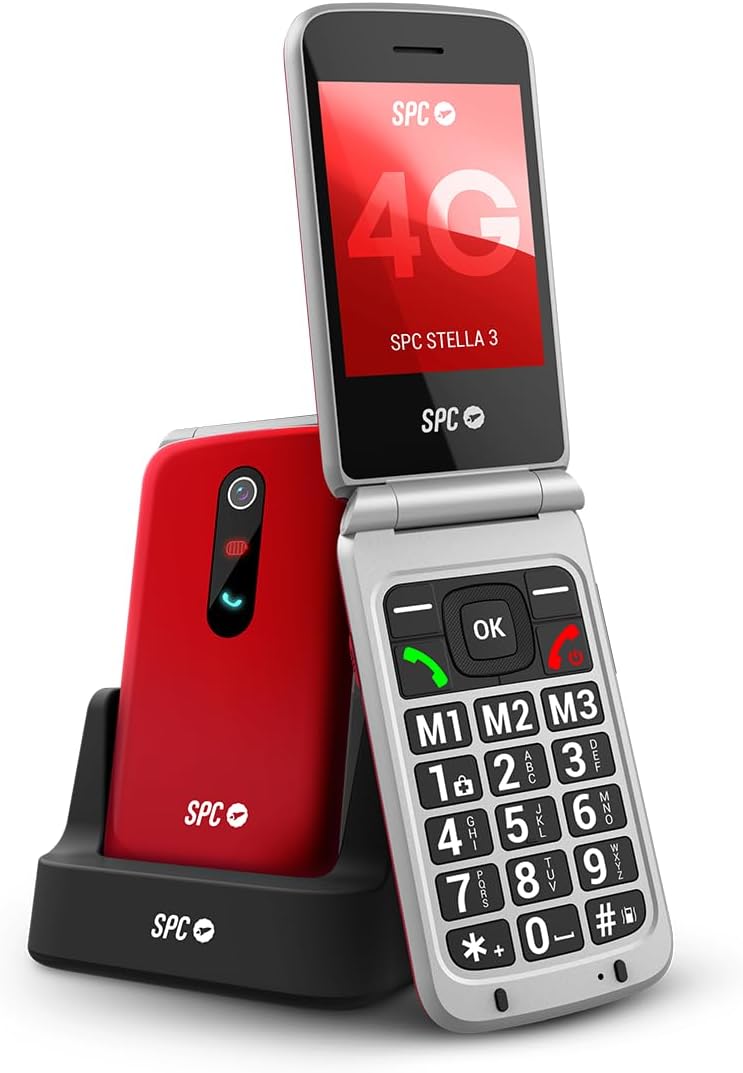 SPC Stella 3-4G telefon komórkowy dla seniorów z klapką | menu i duże przyciski | przycisk połączenia alarmowego, zdalna konfiguracja, kompatybilny z aparatami słuchowymi i głośnością 103 dB | stacja
