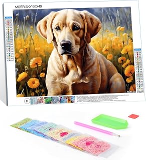 MOER SKY Diamond Painting for Adults, 5D Golden Labrador in Forest Full Drill Diamond Art Kit, DIY Floral Gem Painting Set, for Room Decor Bedroom Decor Gifts 12x16 inch
