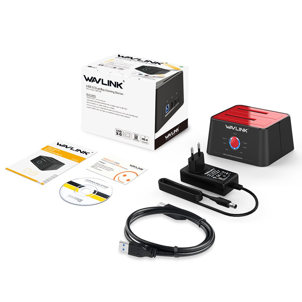 WAVLINK Base de Conexión Docking Station USB 3.0 a SATA Disco Duro Externo 2 Bahias, con Función de Offline Clon/Copia/UASP, para 2.5/3.5" HDD/SSD Soporta 2 x 16 TB