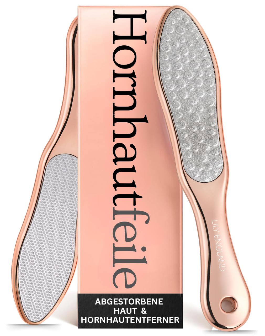 Lily England - Lima de pies para eliminar piel dura, 2 en 1 profesional y removedor de piel seca para pies, herramienta de pedicura de acero inoxidable de Lily England, oro rosa