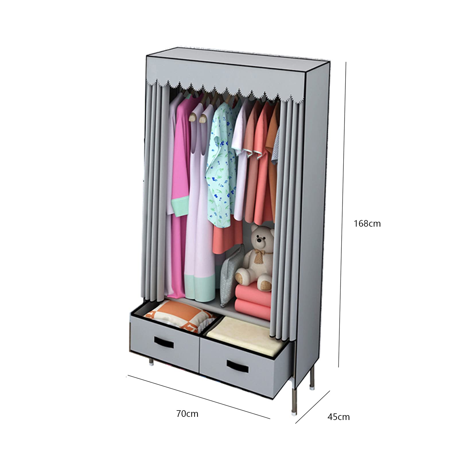 Tragbarer Eck-Kleiderschrank, Stoff-Aufbewahrungsschrank für Schlafzimmer, offenes Design, einfache Montage, platzsparend, Maße 168 x 70 x 45 cm