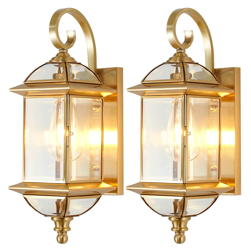 Applique murale d'extérieur en laiton de 47 cm – Style européen IP65 – Applique en verre étanche pour porche, jardin, garage, porte d'entrée, terrasse, balcon – Luminaire extérieur élégant