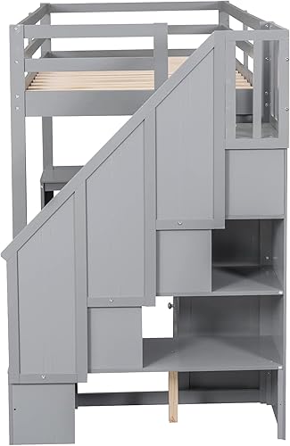 Miniatura 45 de Harper & Bright Designs Cama tipo loft de tamaño individual con escalera de almacenamiento y 2 armarios, cama tipo loft individual para niños con 2
