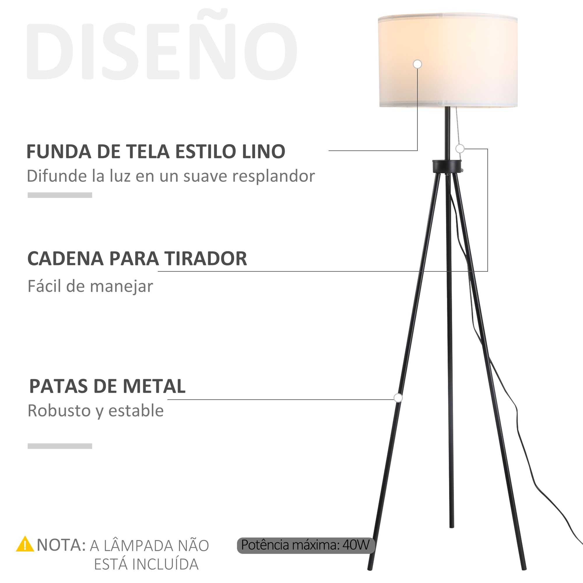 HOMCOM Lámpara de Pie Moderna Lámpara de Pie Salón con Pantalla Redonda Trípode y Casquillo E27 Lámpara para Dormitorio Sala de Estar Blanco y Negro