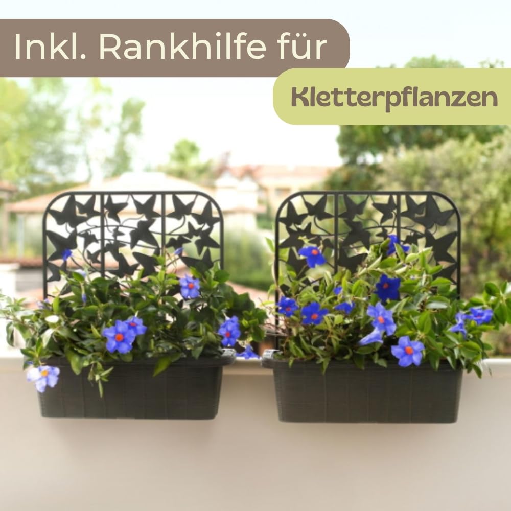 GarPet 2er Set Blumenkasten Balkon Balkonkasten mit Spalier Pflanzkasten mit Wasserspeicher Blumenkasten Geländer Kasten Balkongeländer Geländerkasten 60 cm Rattan Anthrazit