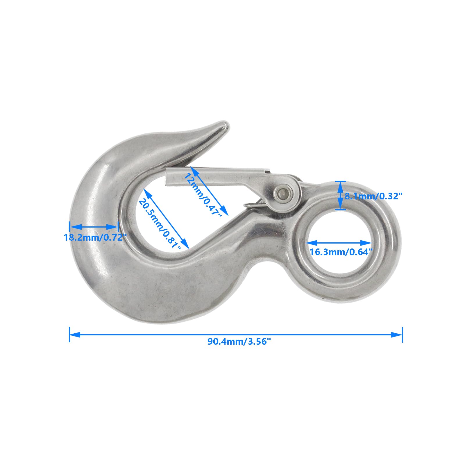 0.5T/90mm Swivel Eye Hook,SAFYY 304 Stainless Steel Authentic Swivel Round Eye Snap Clip Cargo Lifting Hook-1 PCS Silver