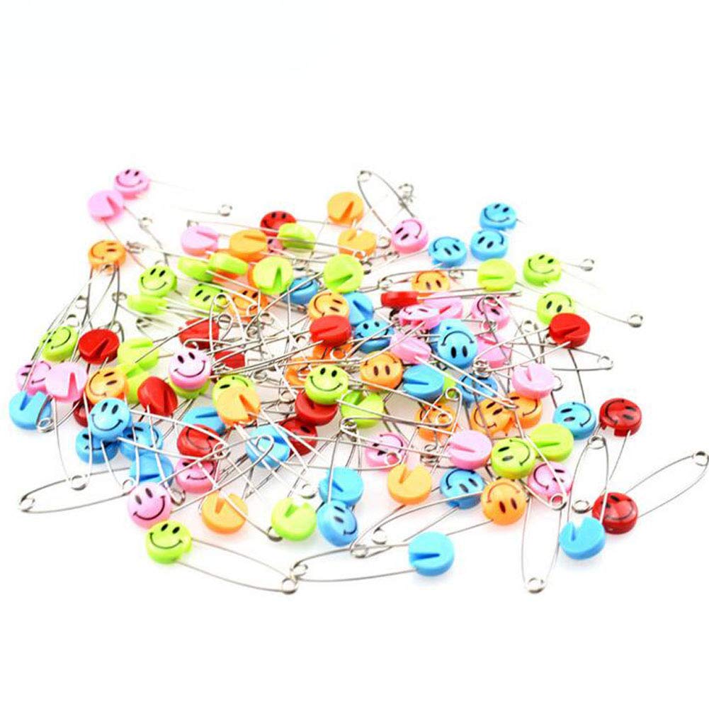 Assorted Color Baby Diaper Pins,100 Pcs 2 inch Baby Safety Pins Cute Smile Locking Cloth Nappy Pins Plastic Head Craft Sewing Buckle Clip