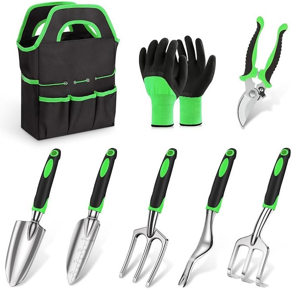 HASTHIP® 8 Pcs Gardening Tools Set - Aluminum Alloy Steel - Garden Planting Tools - Gardening Tools Kit for Home Garden - Gardening Tools Kit Set - with Tote Tool Bag - Suitable for Garden Patio