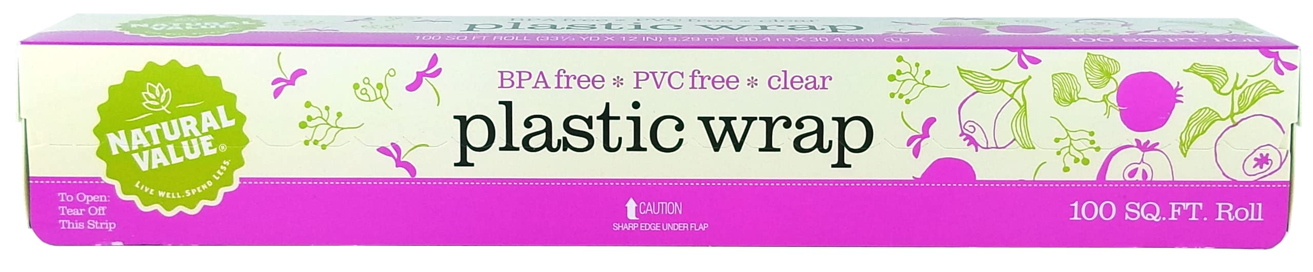 Natural Value Plastic Wrap Clear, 100ft 4pk, Easy Start Roll, low density polethylene, BPA Free, PVC Free, 100 SF Roll, Tight Cling, Push Tab, Microwave Safe Visit the Natural Value Store