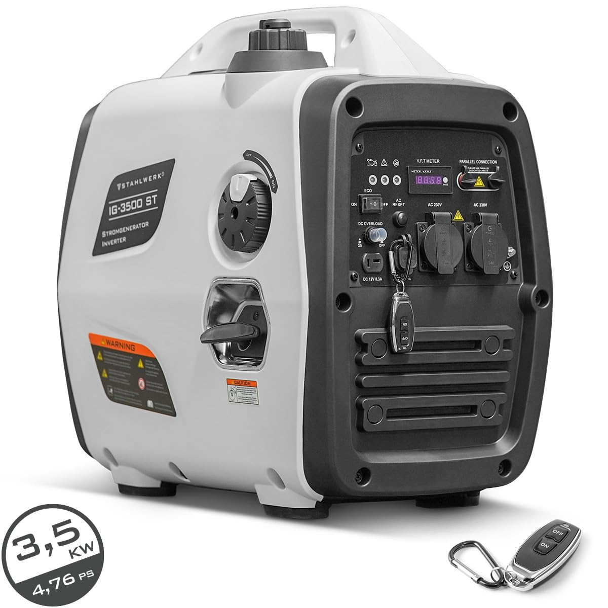 STAHLWERK Generador de gasolina IG-3500 ST de 3,5 kW / 4,76 PS, generador de corriente con inversor, generador eléctrico, grupo electrógeno de emergencia con mando a distancia y arranque eléctrico