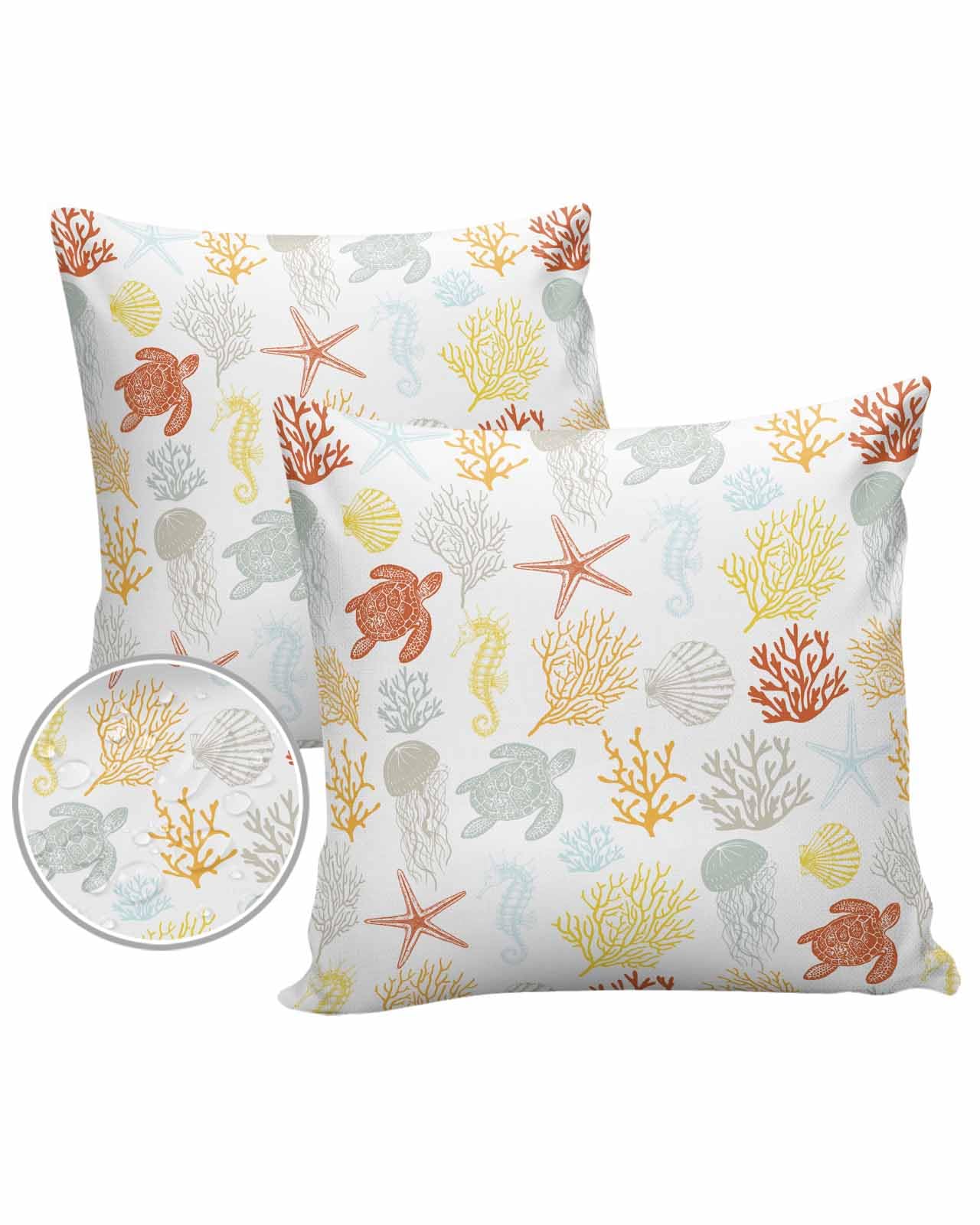Boanket Outdoor Pillow Covers 24 x 24 in, Orange Yellow Coastal Waterproof Throw Pillow Cover Set of 2, Nautical Summer Coral Sea Turtle Home Decorative Square Cushion Covers for Patio/Couch/Garden