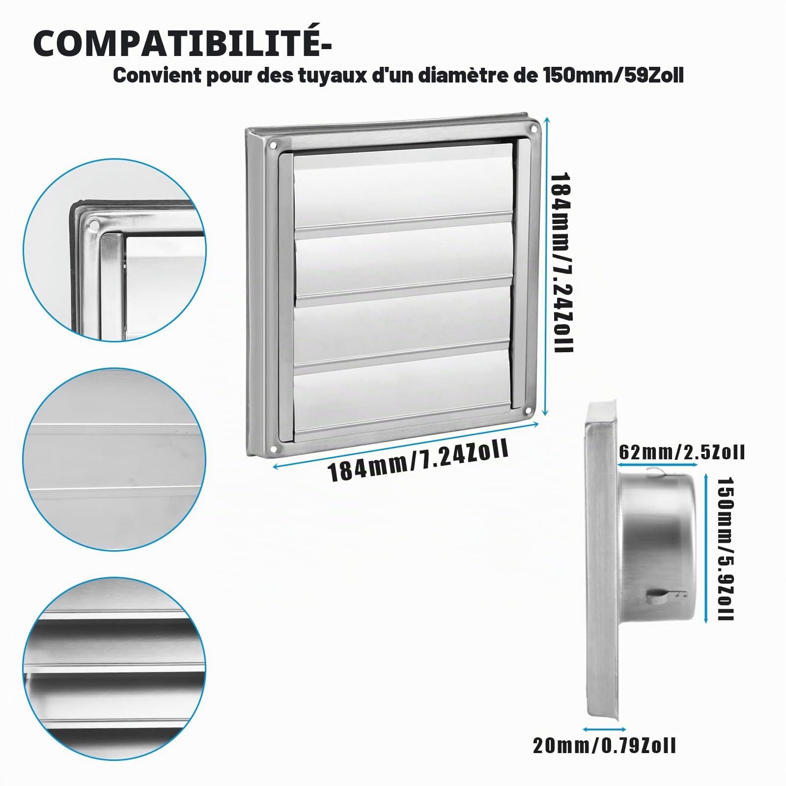 150mm Grille de ventilation, Clapet anti-retour Grille de protection contre les intempéries en acier inoxydable avec lamelles mobiles, Grille murale, Grille à lamelles Grille hotte aspirante