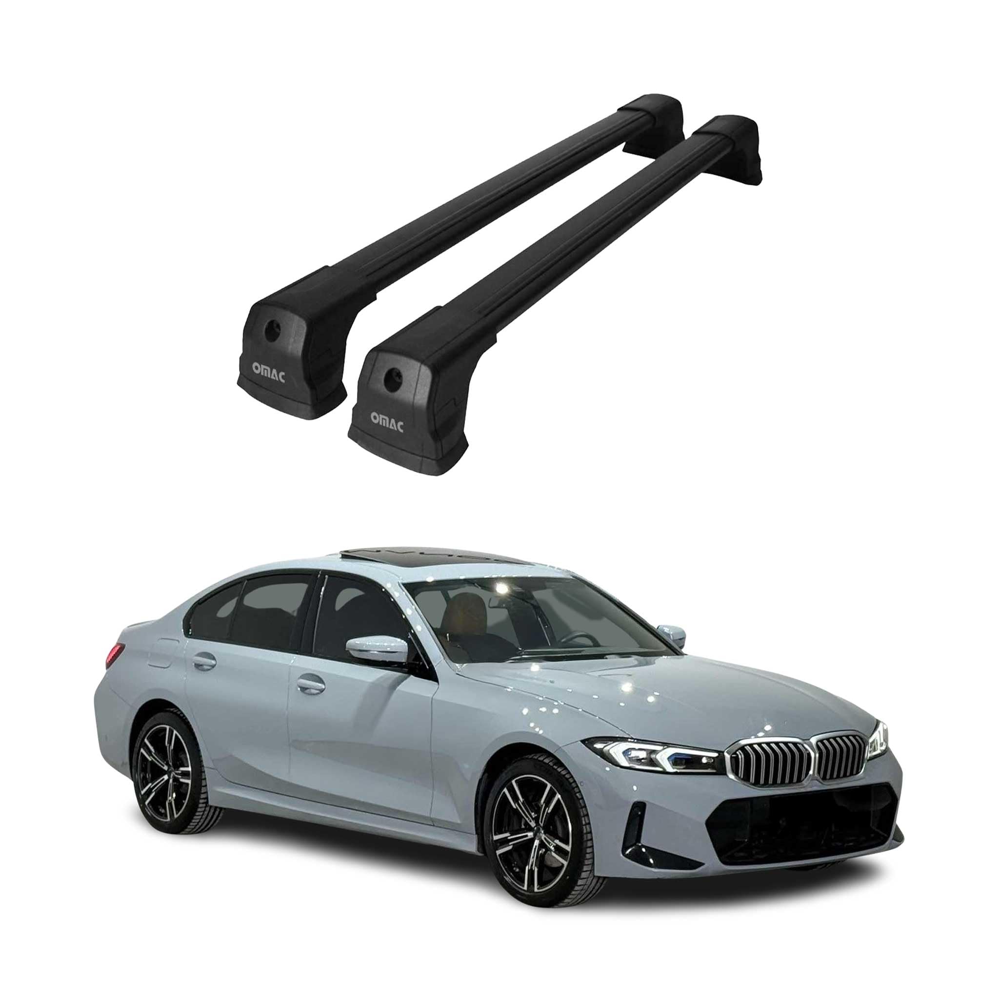 OMAC Barres de toit transversales compatibles avec BMW Série 3 G20 2019-2026 / G80 Limo 2021-2026 - 2 barres - Verrouillables - Aluminium Noir